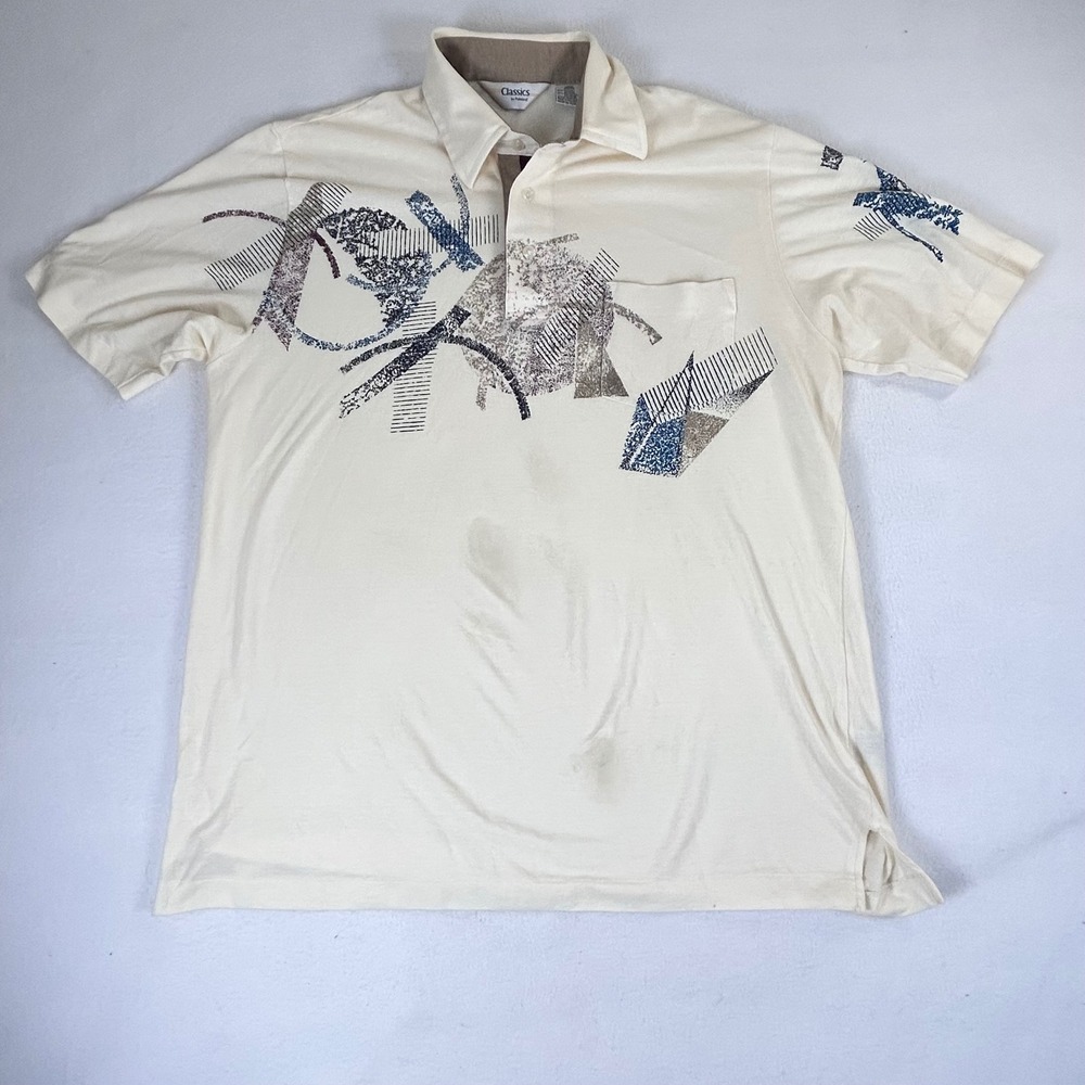 Classics by Palmland Mens Large Cream Abstract Geometric Polo Shirt 317 Vintage